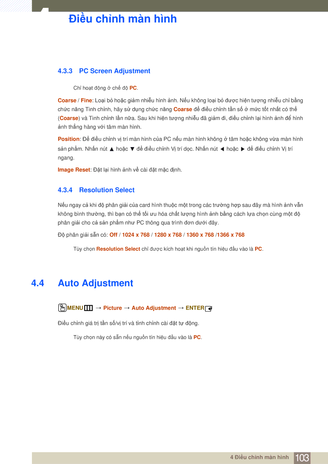 Samsung LH55MDBPLGC/XY, LH40MDBPLGC/XY PC Screen Adjustment, Resolution Select, MENUm Picture Auto Adjustment Enter 