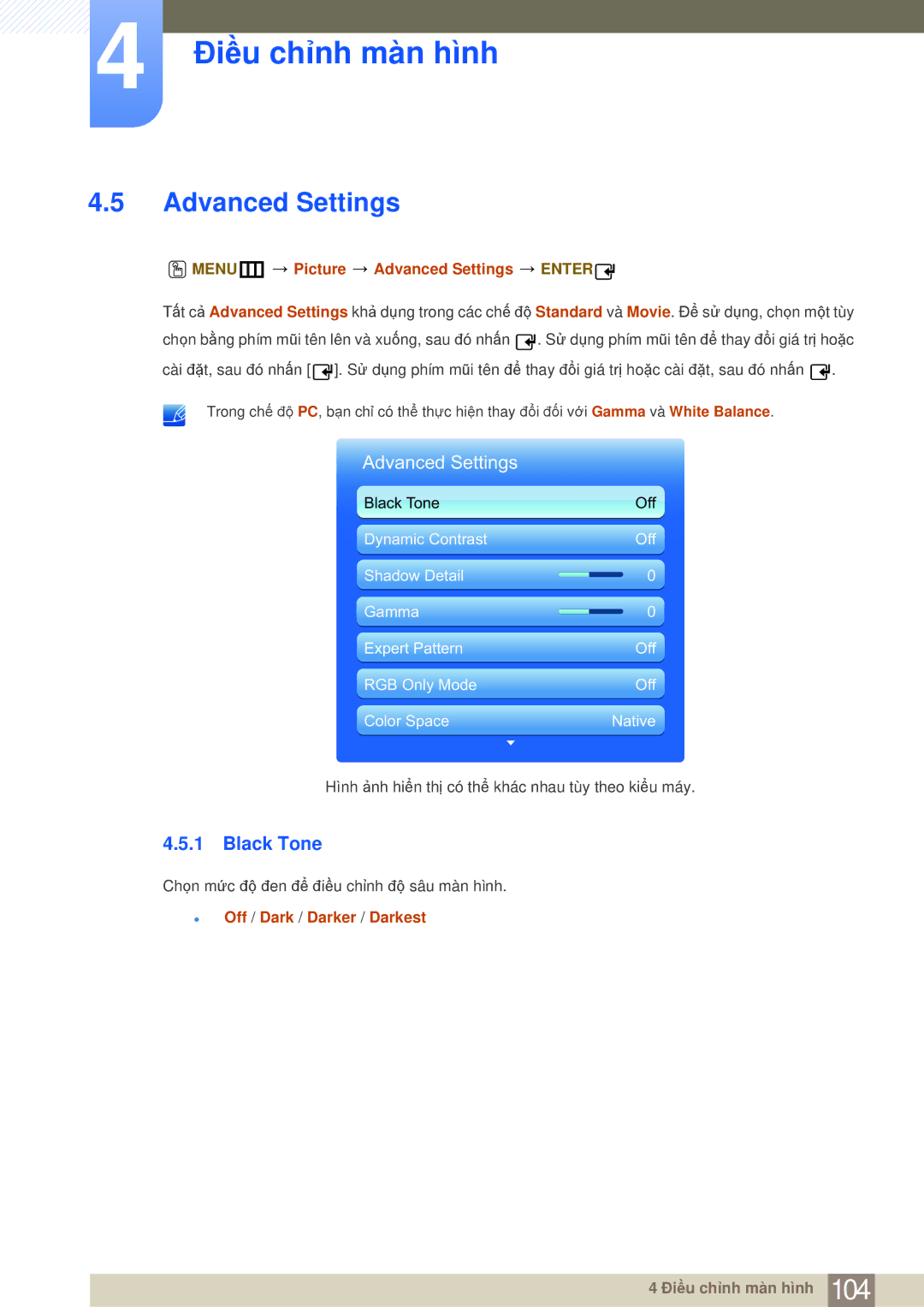 Samsung LH40MDBPLGC/XS manual Black Tone, MENUm Picture Advanced Settings Enter,  Off / Dark / Darker / Darkest 