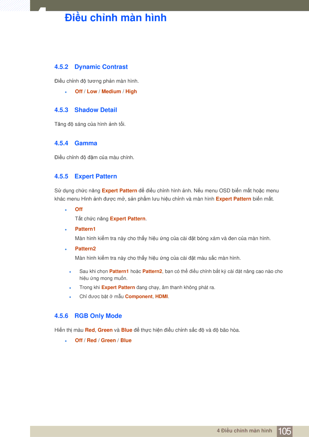 Samsung LH40MDBPLGC/XY, LH55MDBPLGC/XY manual Dynamic Contrast, Shadow Detail, Gamma, Expert Pattern, RGB Only Mode 