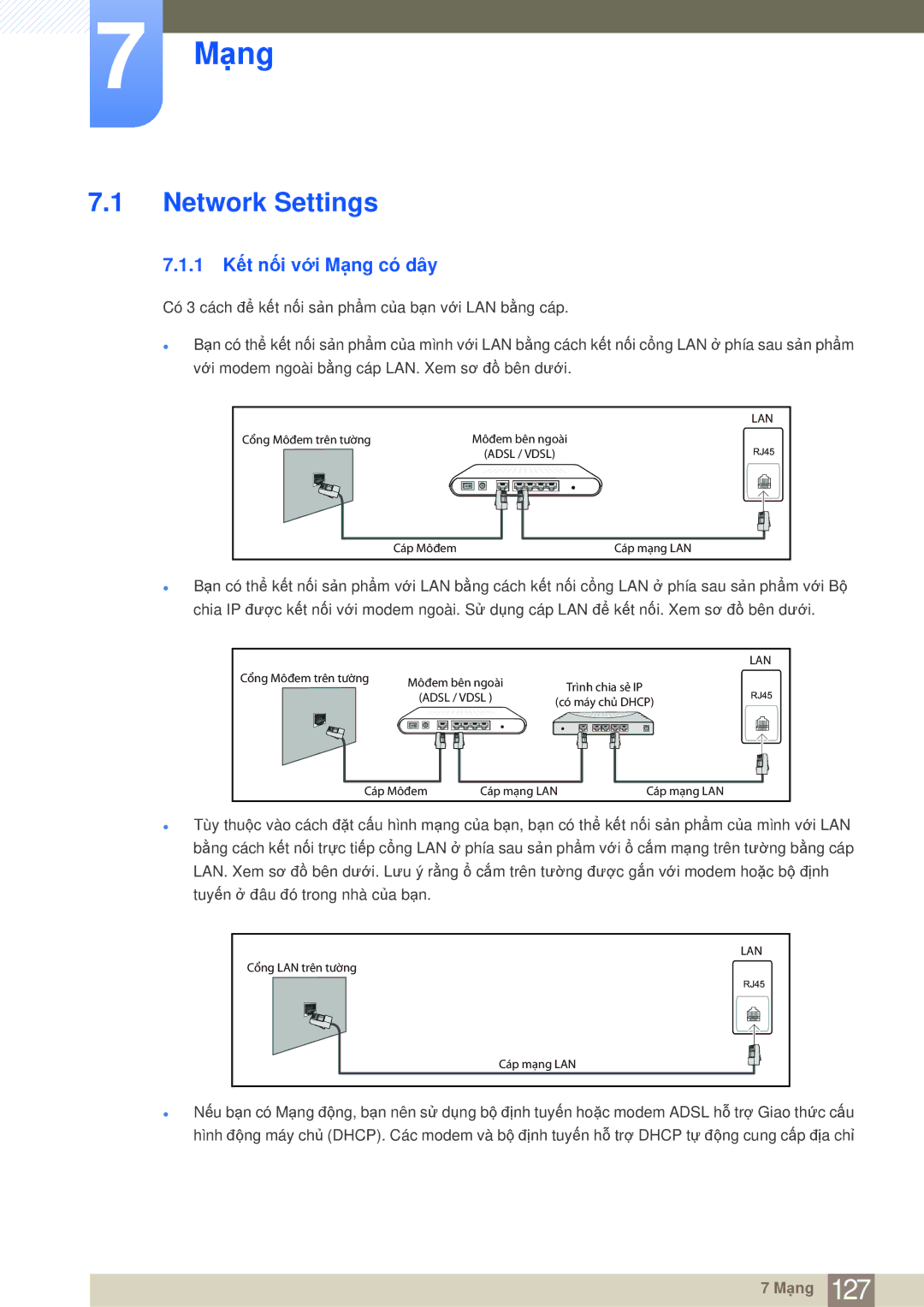 Samsung LH55MDBPLGC/XY, LH40MDBPLGC/XY, LH40MDBPLGC/XS manual Network Settings, 1 Kết nối với Mạng có dây 