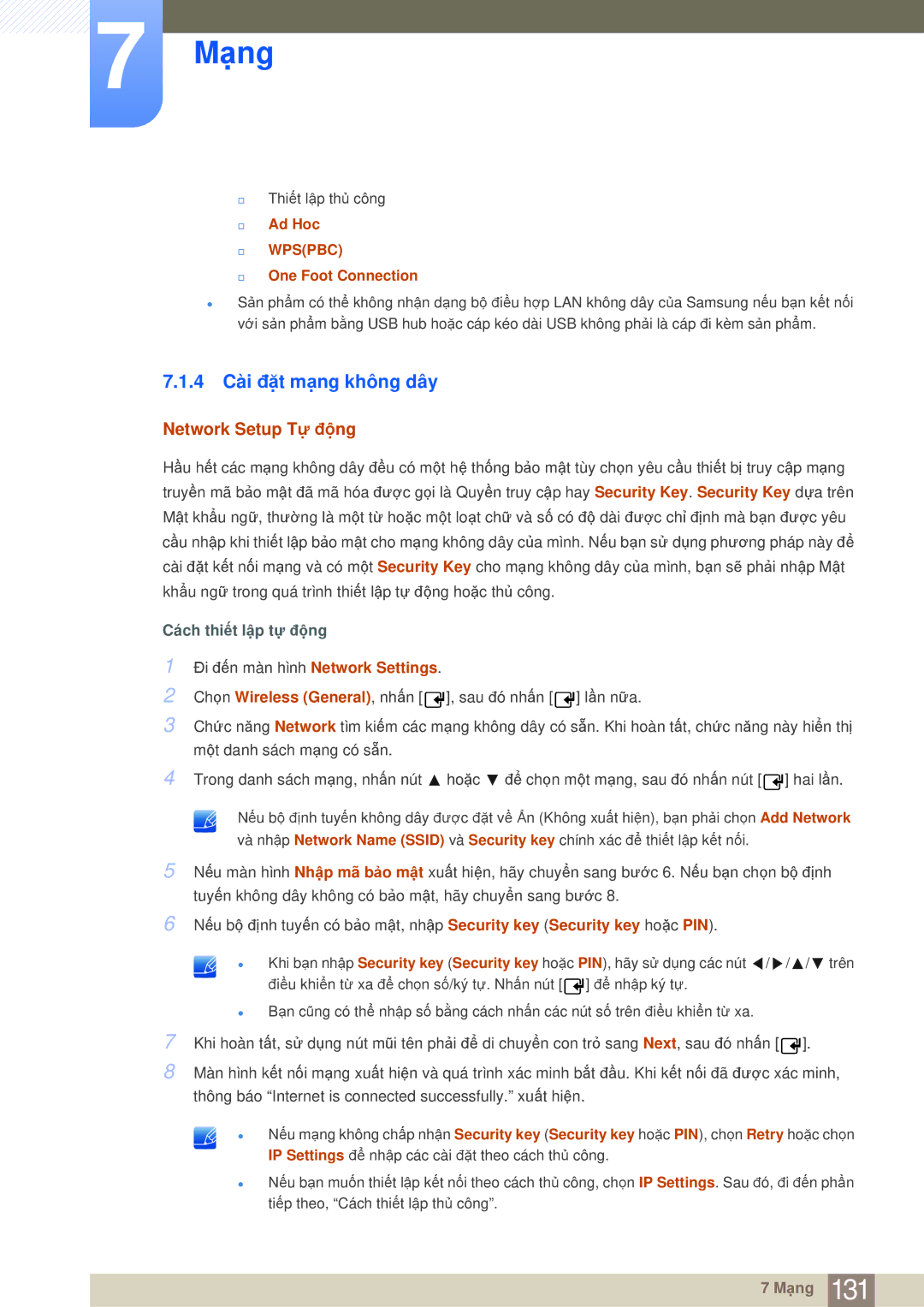 Samsung LH40MDBPLGC/XS, LH40MDBPLGC/XY manual 4 Cài đặt mạng không dây, Network Setup Tự động, Ad Hoc, One Foot Connection 