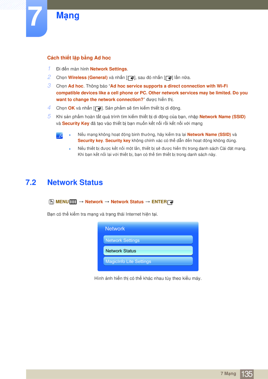 Samsung LH40MDBPLGC/XY, LH55MDBPLGC/XY, LH40MDBPLGC/XS Cách thiết lập bằng Ad hoc, MENUm Network Network Status Enter 