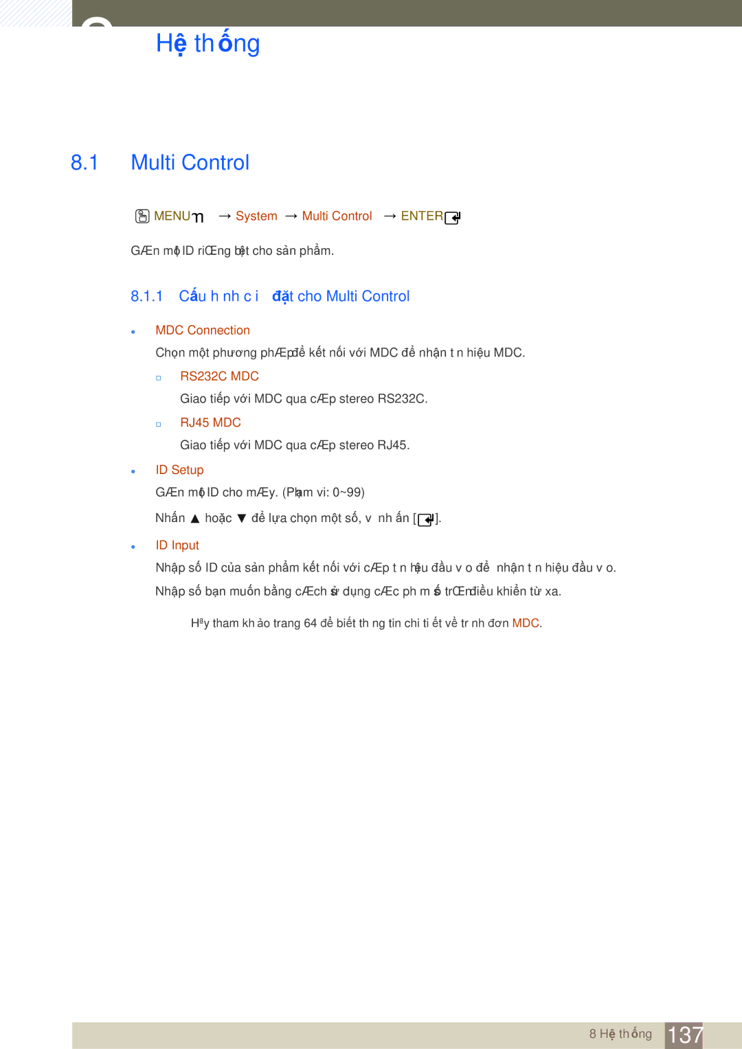 Samsung LH40MDBPLGC/XS, LH40MDBPLGC/XY, LH55MDBPLGC/XY manual Hệ thống, Multi Control, ID Setup, ID Input 