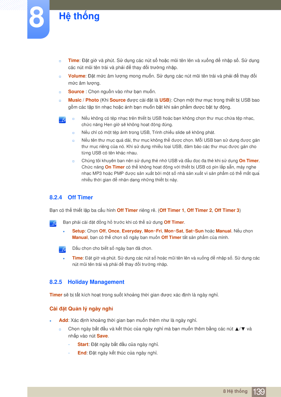 Samsung LH55MDBPLGC/XY, LH40MDBPLGC/XY, LH40MDBPLGC/XS manual Off Timer, Holiday Management, Cài đặt Quản lý ngày nghỉ 