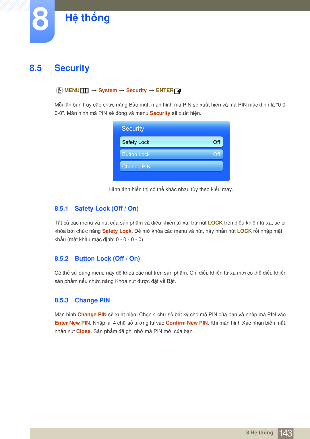 Samsung LH40MDBPLGC/XS, LH40MDBPLGC/XY, LH55MDBPLGC/XY Security, Safety Lock Off / On, Button Lock Off / On, Change PIN 