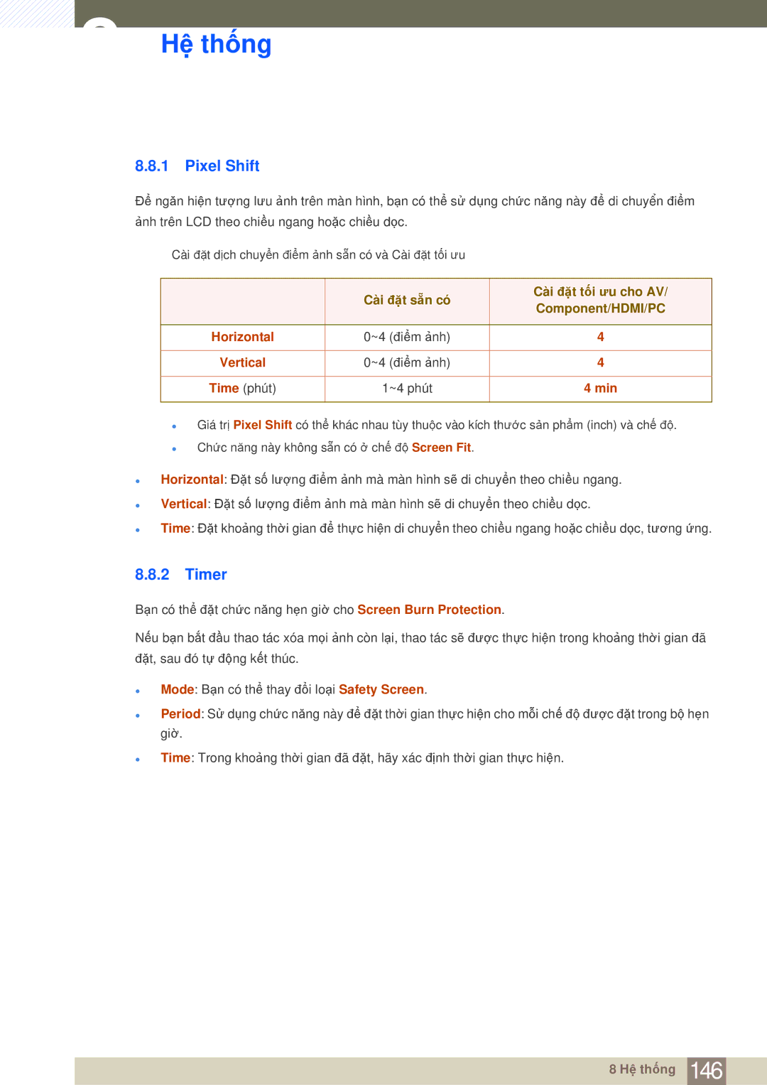 Samsung LH40MDBPLGC/XS manual Pixel Shift, Timer, Cài đặt sẵn có Cài đặt tối ưu cho AV Component/HDMI/PC, Horizontal, Min 