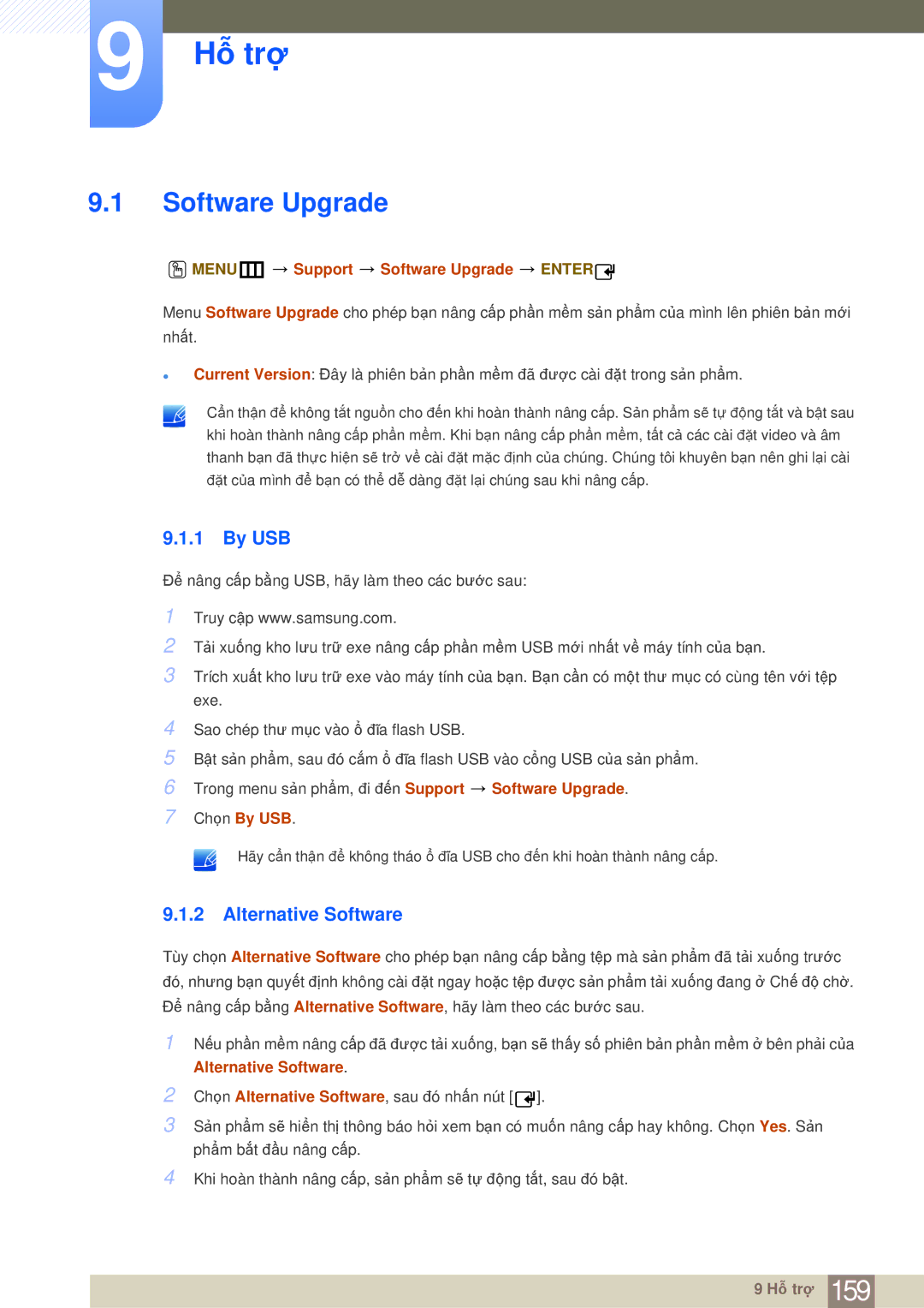 Samsung LH40MDBPLGC/XY, LH55MDBPLGC/XY manual Hỗ trợ, By USB, Alternative Software, MENUm Support Software Upgrade Enter 