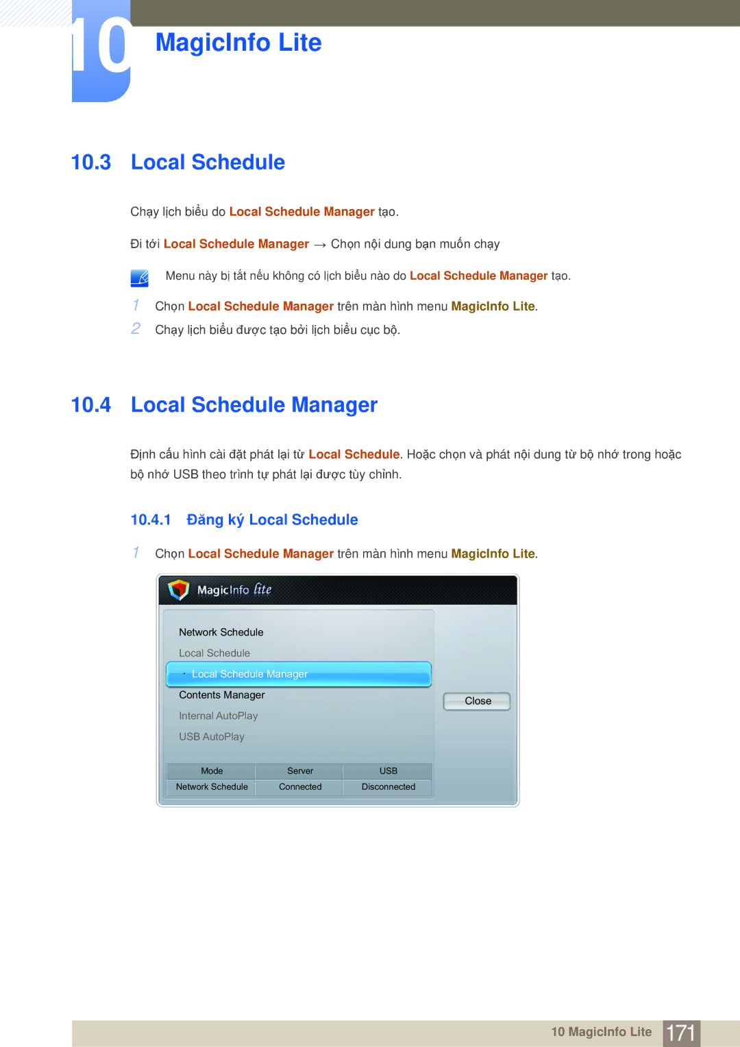 Samsung LH40MDBPLGC/XY, LH55MDBPLGC/XY, LH40MDBPLGC/XS manual Local Schedule Manager, 10.4.1 Đăng ký Local Schedule 