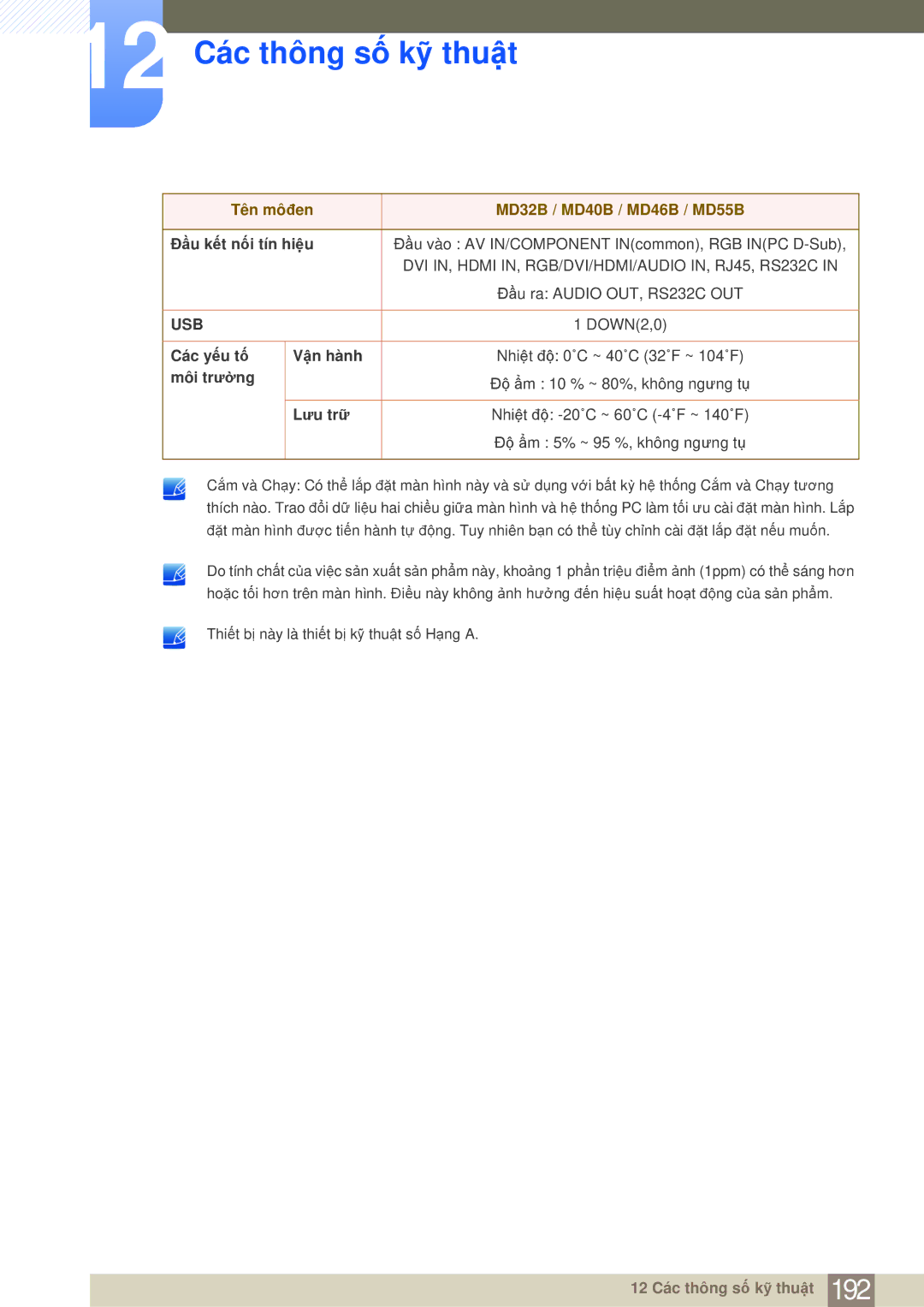 Samsung LH40MDBPLGC/XY, LH55MDBPLGC/XY, LH40MDBPLGC/XS manual Đầu kết nối tín hiệu, Các yếu tố Vận hành, Môi trường, Lưu trữ 