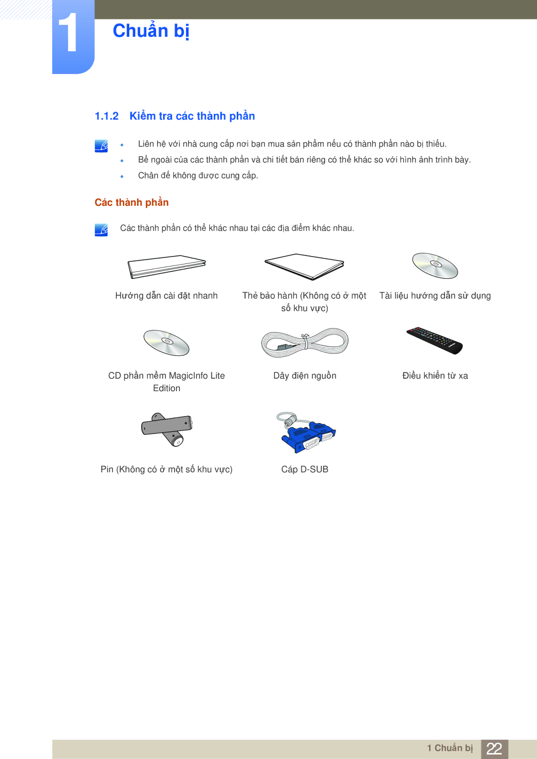 Samsung LH55MDBPLGC/XY, LH40MDBPLGC/XY, LH40MDBPLGC/XS manual 2 Kiểm tra các thành phần, Các thành phần 