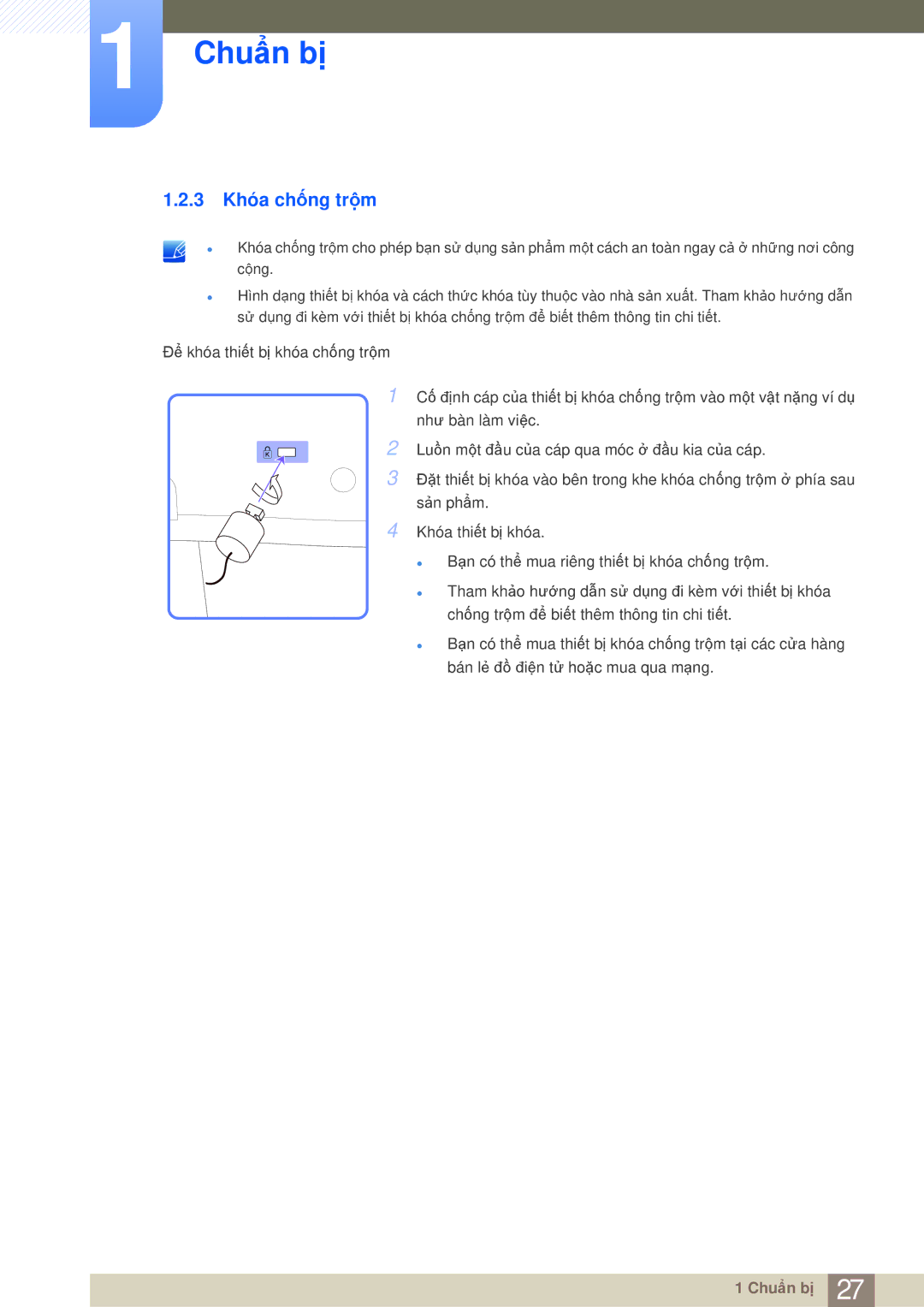 Samsung LH40MDBPLGC/XY, LH55MDBPLGC/XY, LH40MDBPLGC/XS manual 3 Khóa chống trộm 