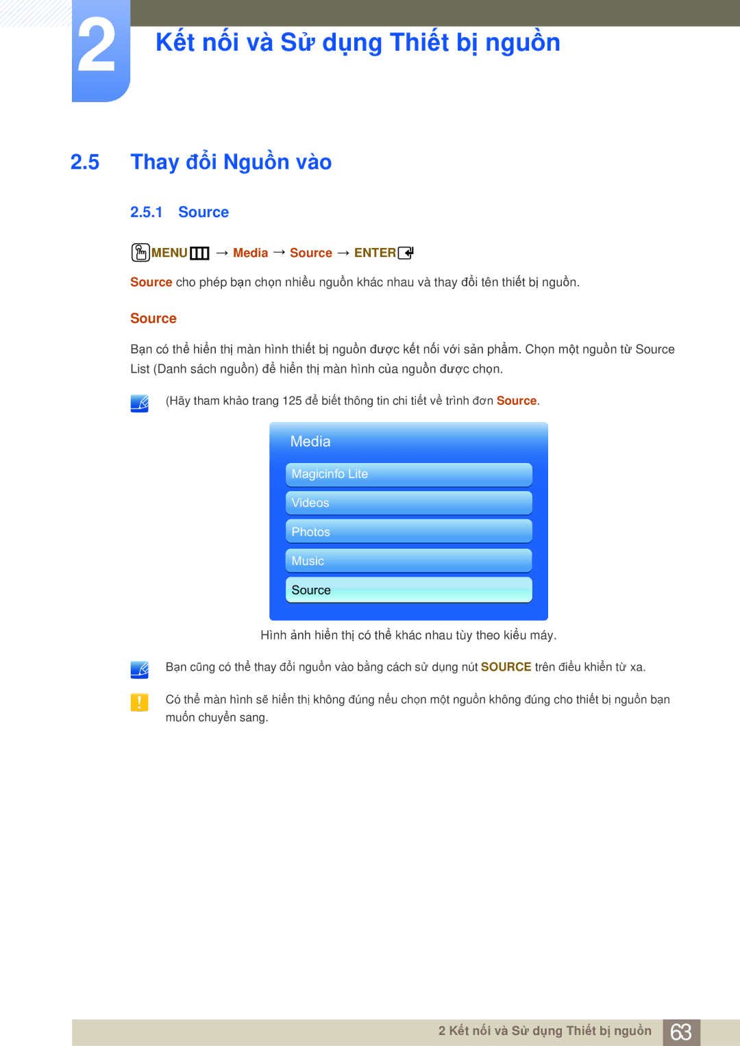 Samsung LH40MDBPLGC/XY, LH55MDBPLGC/XY, LH40MDBPLGC/XS manual Thay đổi Nguồn vào, MENUm Media Source Enter 