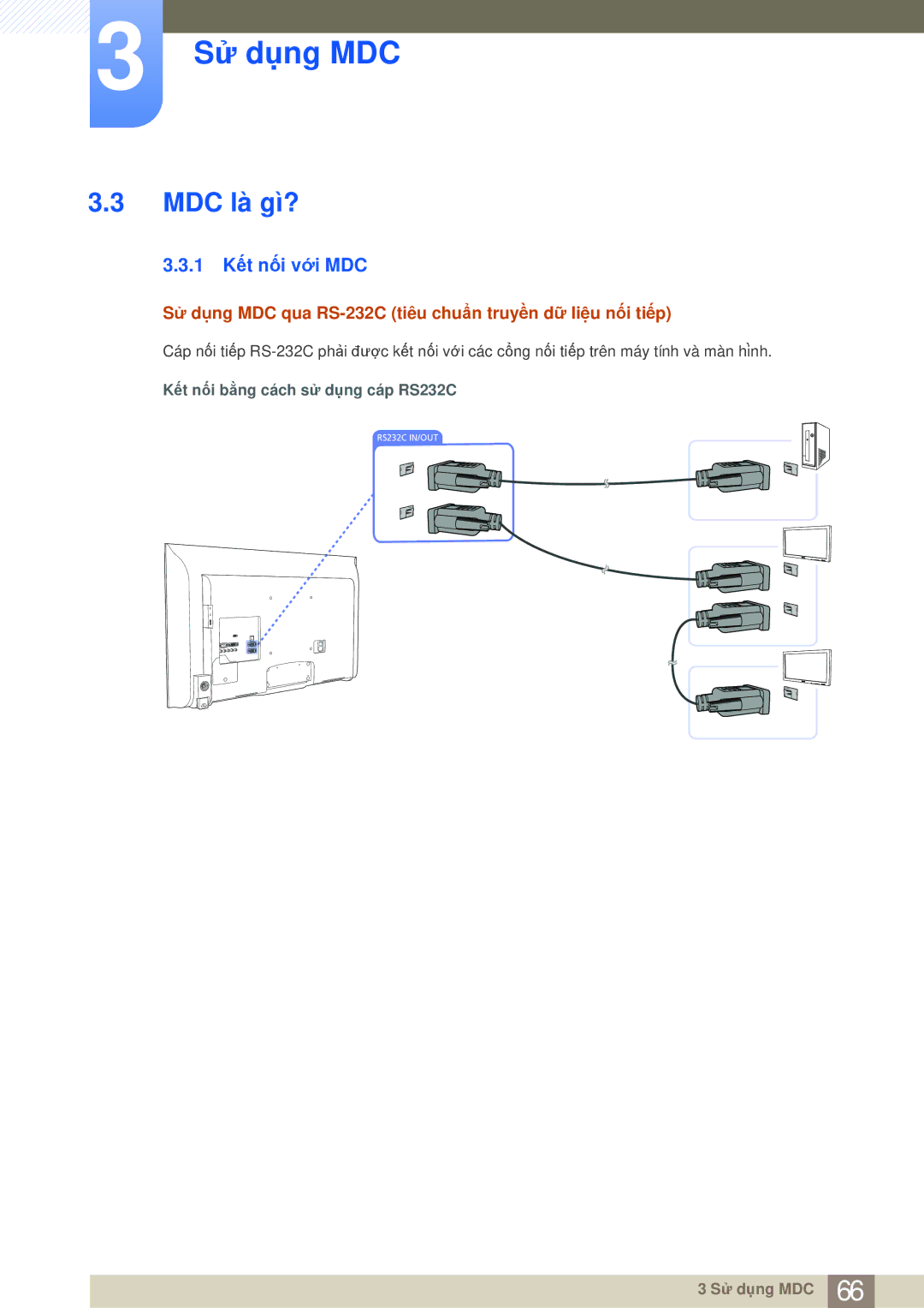 Samsung LH40MDBPLGC/XY manual MDC là gì?, 1 Kết nối với MDC, Sử dụng MDC qua RS-232C tiêu chuẩn truyền dữ liệu nối tiếp 