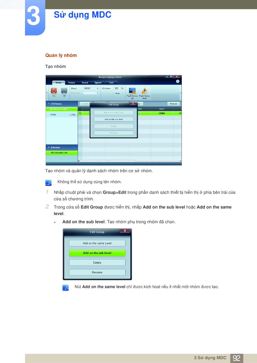 Samsung LH40MDBPLGC/XS, LH40MDBPLGC/XY, LH55MDBPLGC/XY manual Quản lý nhóm, Tạo nhóm 