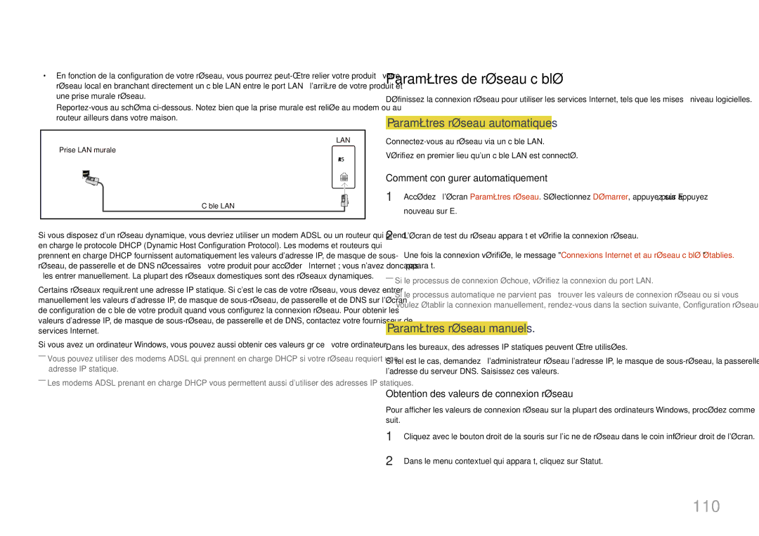 Samsung LH32MDCPLGC/EN manual 110, Paramètres de réseau câblé, Paramètres réseau automatiques, Paramètres réseau manuels 