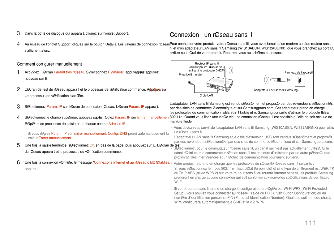 Samsung LH46MDCPLGC/EN, LH40MDCPLGC/EN, LH55MDCPLGC/EN manual 111, Connexion à un réseau sans fil, Valeur Entrer manuellement 