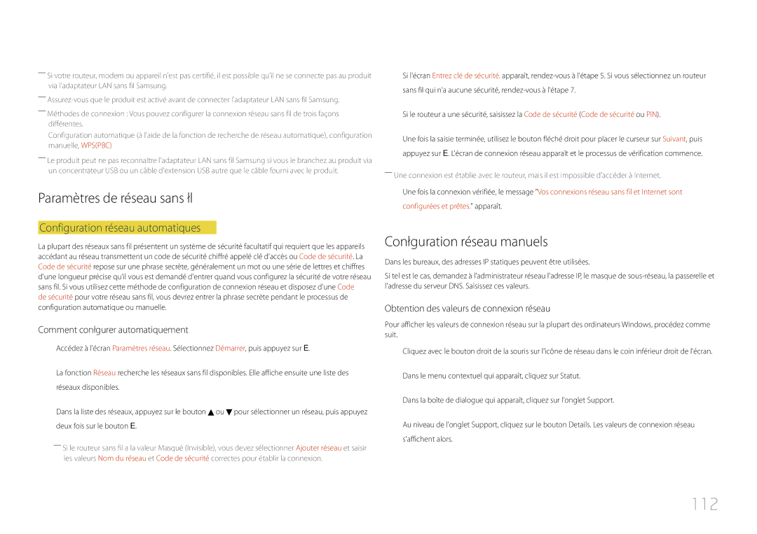 Samsung LH40MDCPLGC/EN 112, Paramètres de réseau sans fil, Configuration réseau manuels, Configuration réseau automatiques 