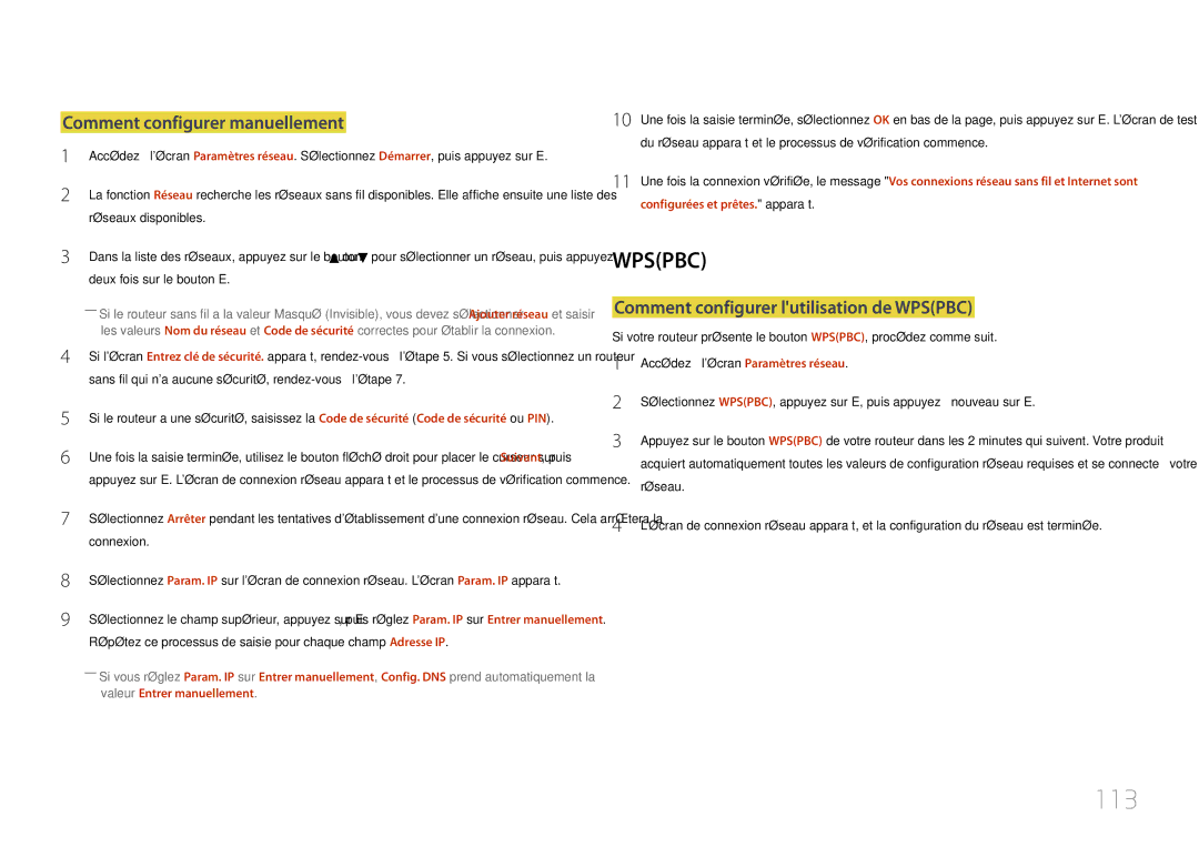 Samsung LH55MDCPLGC/EN manual 113, Comment configurer manuellement, Comment configurer lutilisation de Wpspbc, Réseau 