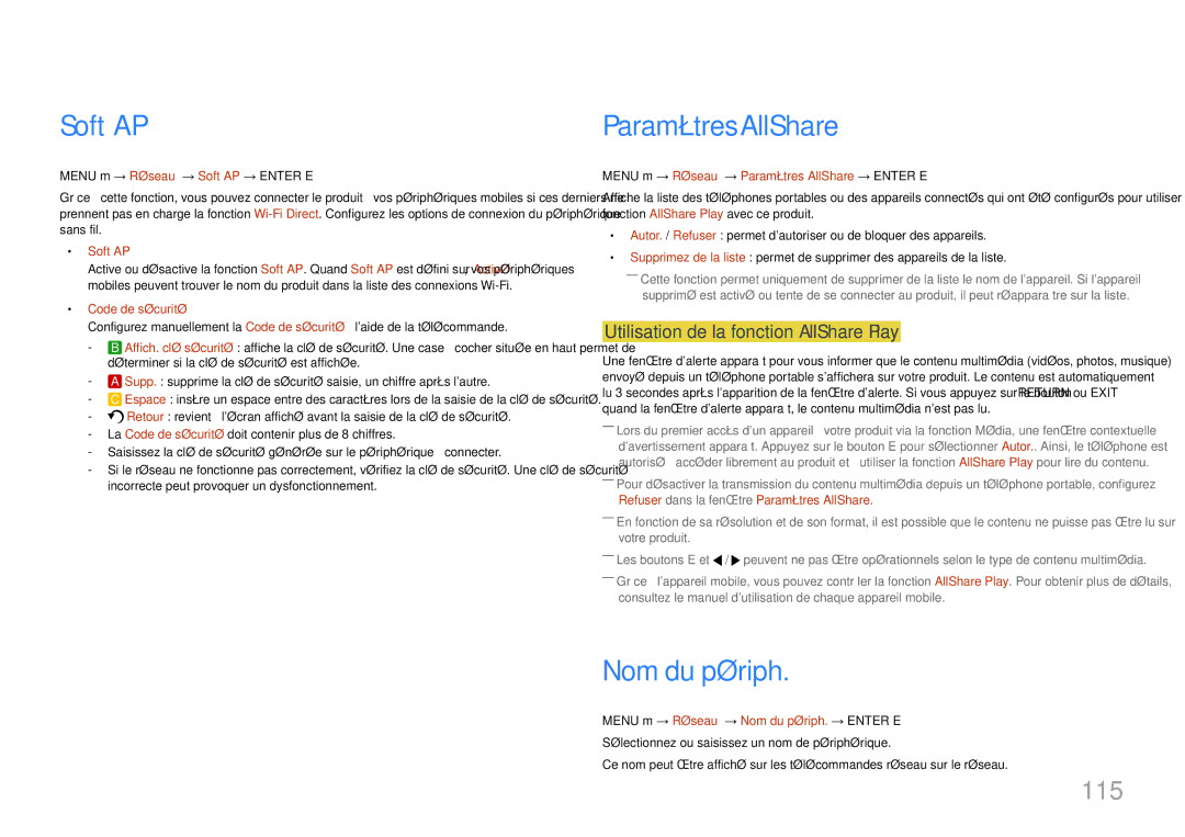 Samsung LH46MDCPLGC/EN manual Soft AP, Paramètres AllShare, Nom du périph, 115, Utilisation de la fonction AllShare Play 