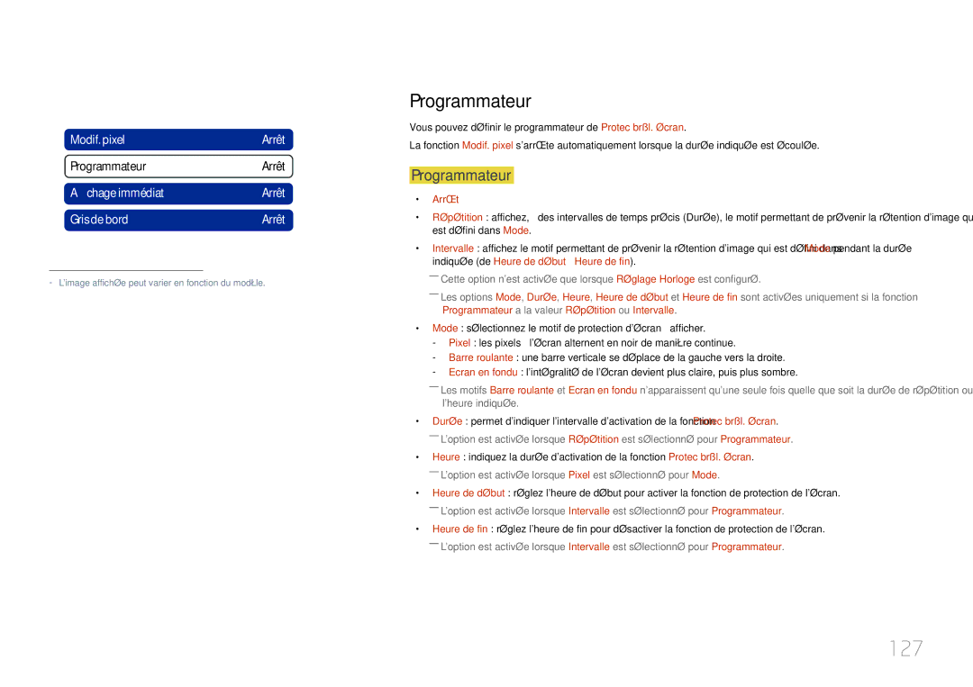 Samsung LH46MDCPLGC/EN, LH40MDCPLGC/EN, LH55MDCPLGC/EN, LH32MDCPLGC/EN manual 127, Programmateur, Arrêt 