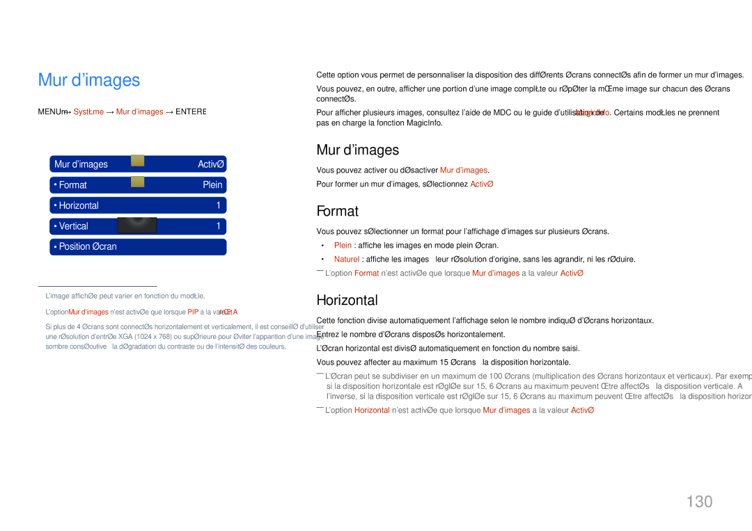 Samsung LH32MDCPLGC/EN, LH40MDCPLGC/EN, LH55MDCPLGC/EN, LH46MDCPLGC/EN manual Mur dimages, 130, Format, Horizontal 