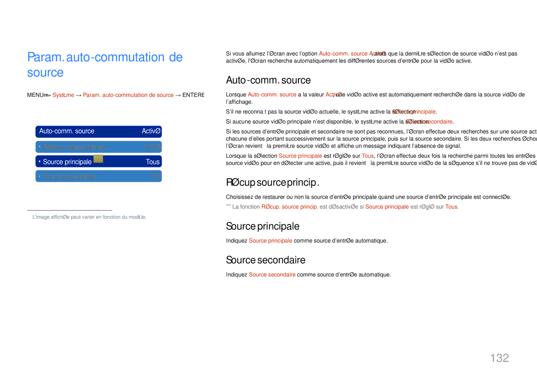 Samsung LH40MDCPLGC/EN, LH55MDCPLGC/EN 132, Auto-comm. source, Récup. source princip, Source principale, Source secondaire 