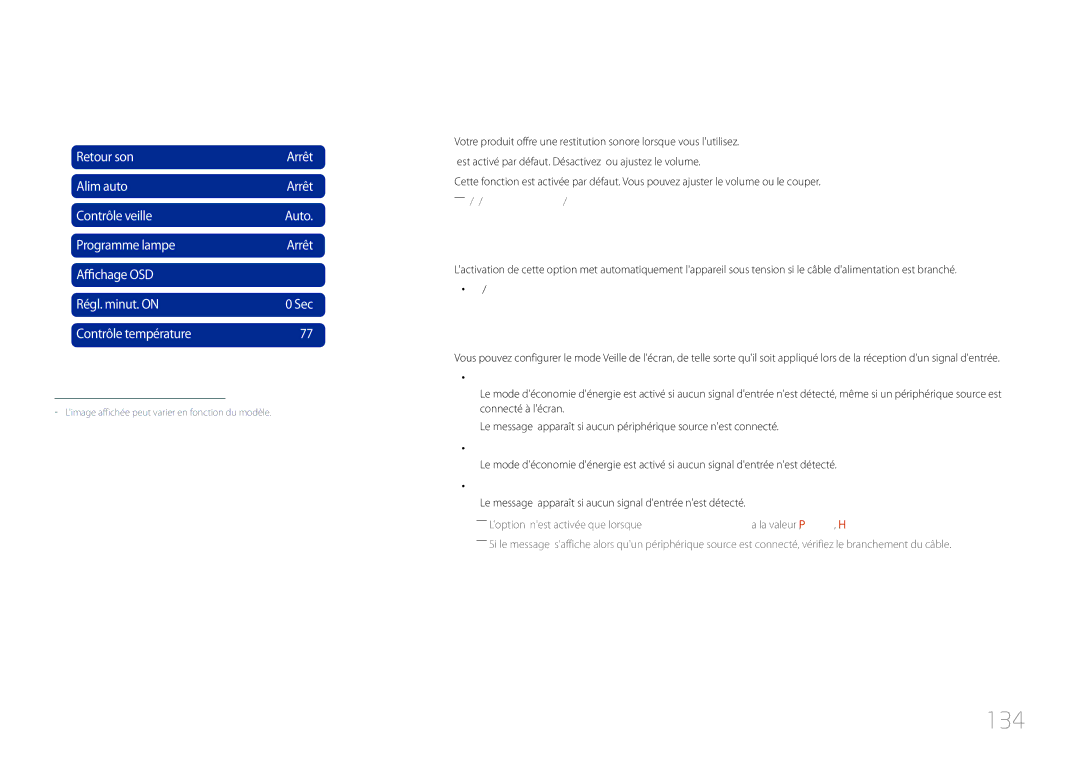 Samsung LH32MDCPLGC/EN, LH40MDCPLGC/EN, LH55MDCPLGC/EN, LH46MDCPLGC/EN manual 134, Retour son, Alim auto, Contrôle veille 