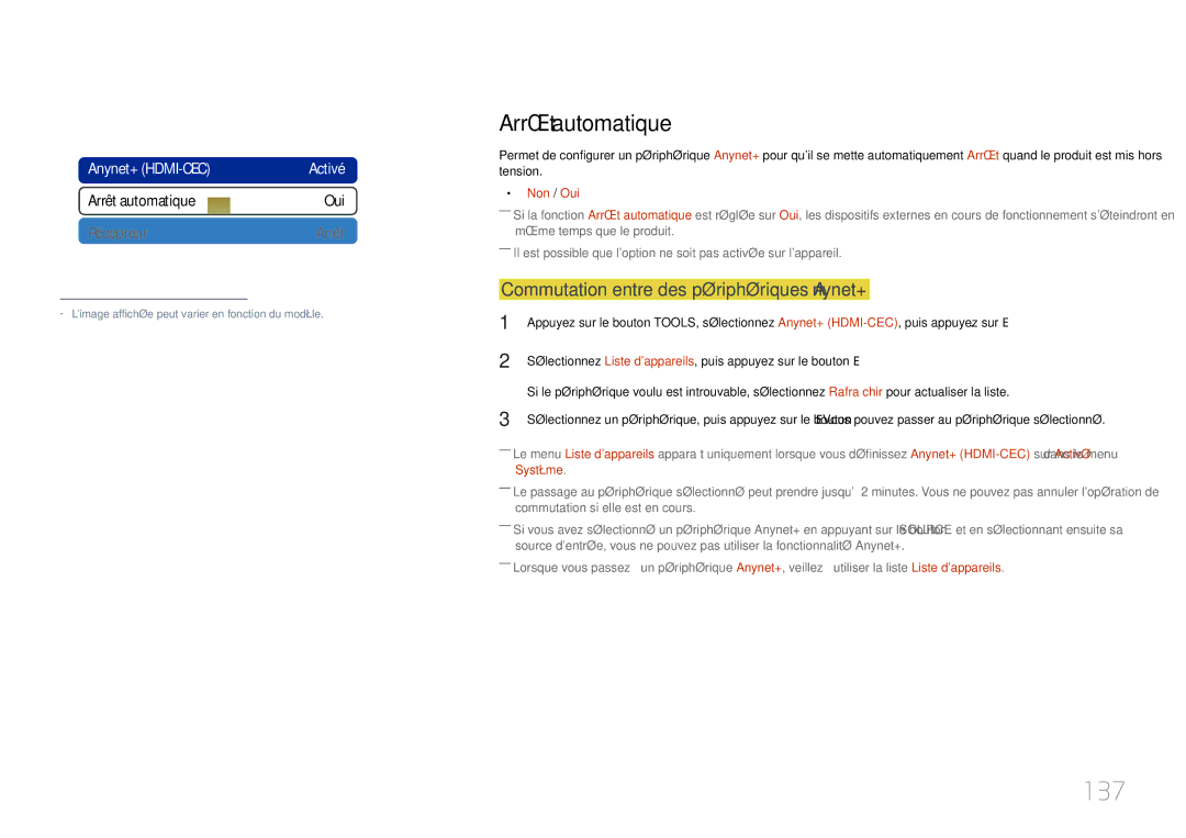 Samsung LH55MDCPLGC/EN 137, Arrêt automatique, Commutation entre des périphériques Anynet+, Anynet+ HDMI-CEC, Non / Oui 