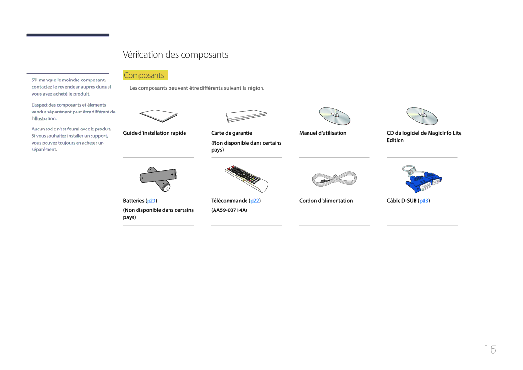 Samsung LH40MDCPLGC/EN, LH55MDCPLGC/EN, LH32MDCPLGC/EN, LH46MDCPLGC/EN manual Vérification des composants, Composants 