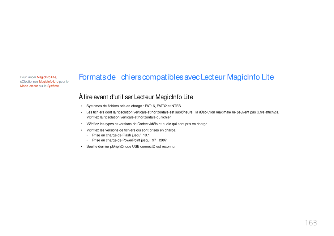 Samsung LH46MDCPLGC/EN, LH40MDCPLGC/EN, LH55MDCPLGC/EN, LH32MDCPLGC/EN 163, Lire avant dutiliser Lecteur MagicInfo Lite 