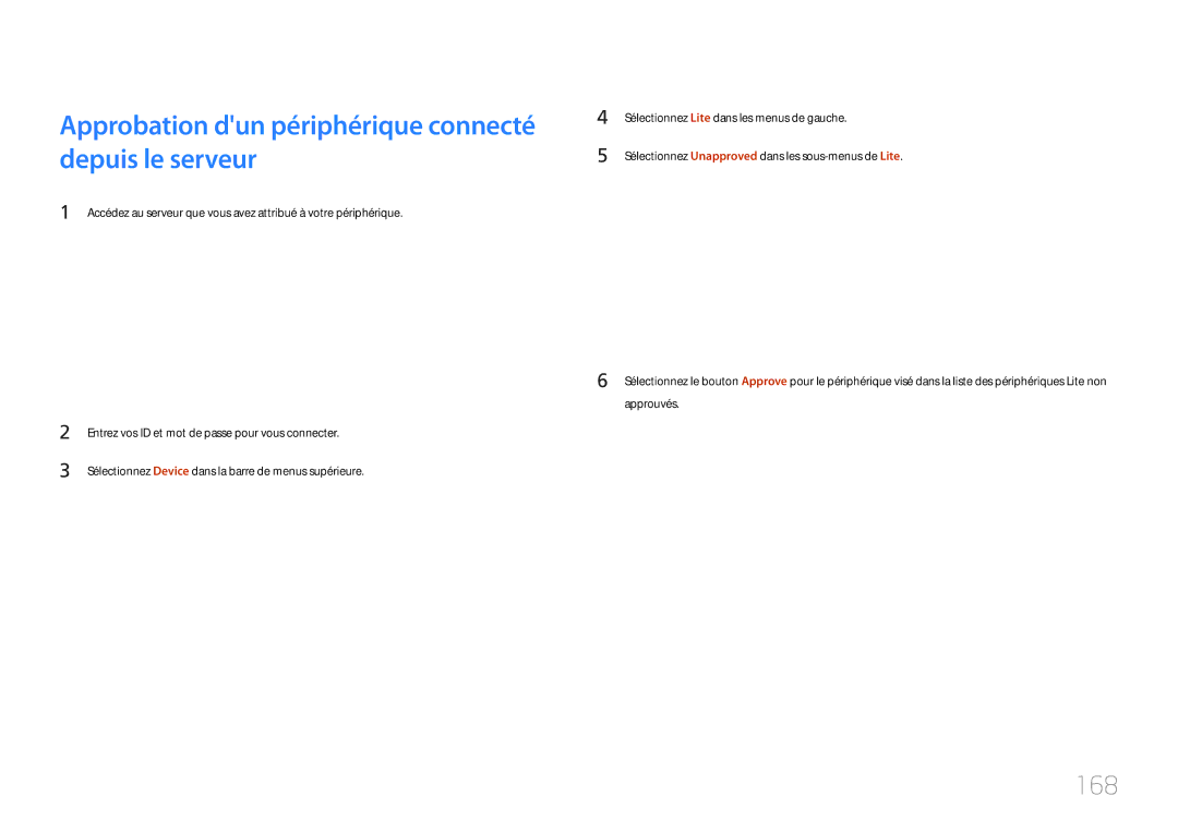 Samsung LH40MDCPLGC/EN, LH55MDCPLGC/EN, LH32MDCPLGC/EN manual Approbation dun périphérique connecté depuis le serveur, 168 