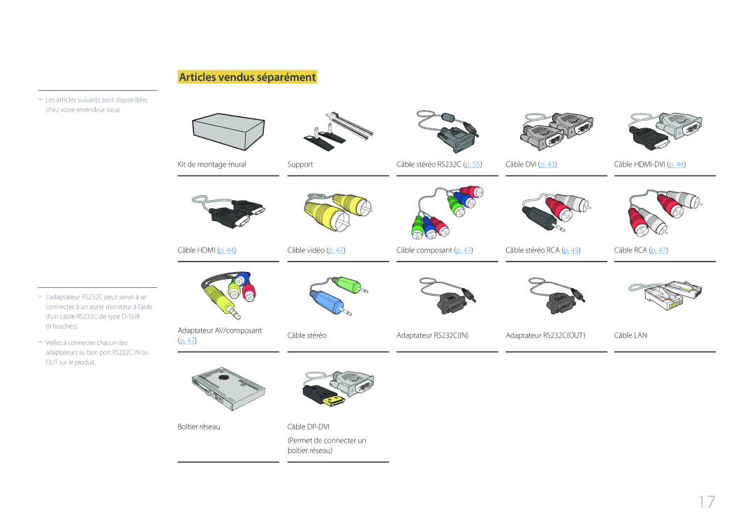 Samsung LH55MDCPLGC/EN, LH40MDCPLGC/EN, LH32MDCPLGC/EN, LH46MDCPLGC/EN manual Articles vendus séparément 