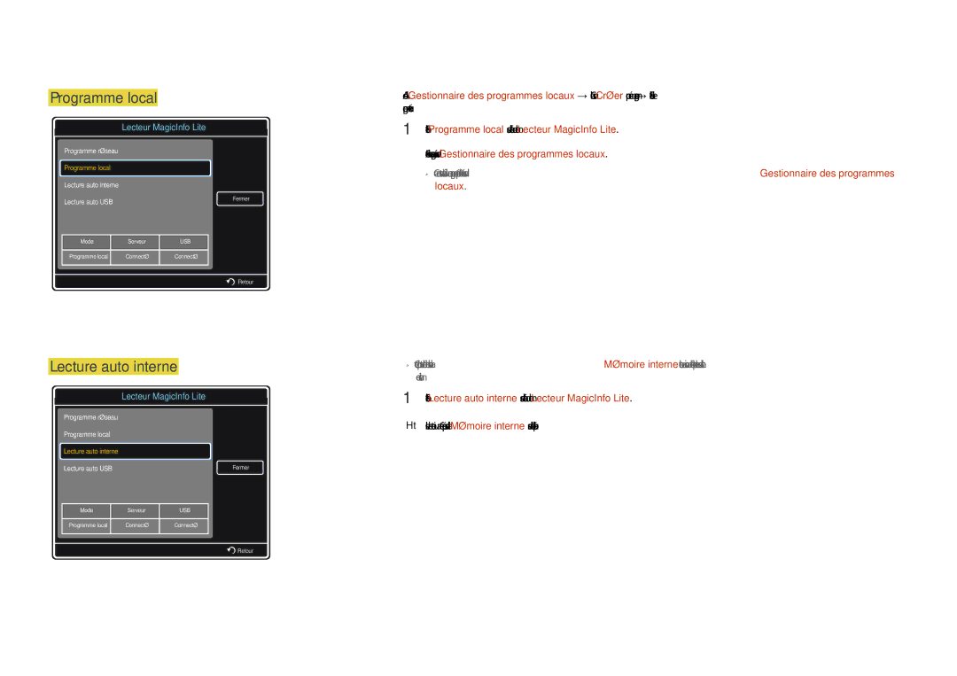 Samsung LH46MDCPLGC/EN, LH40MDCPLGC/EN, LH55MDCPLGC/EN, LH32MDCPLGC/EN manual 171, Programme local, Lecture auto interne 