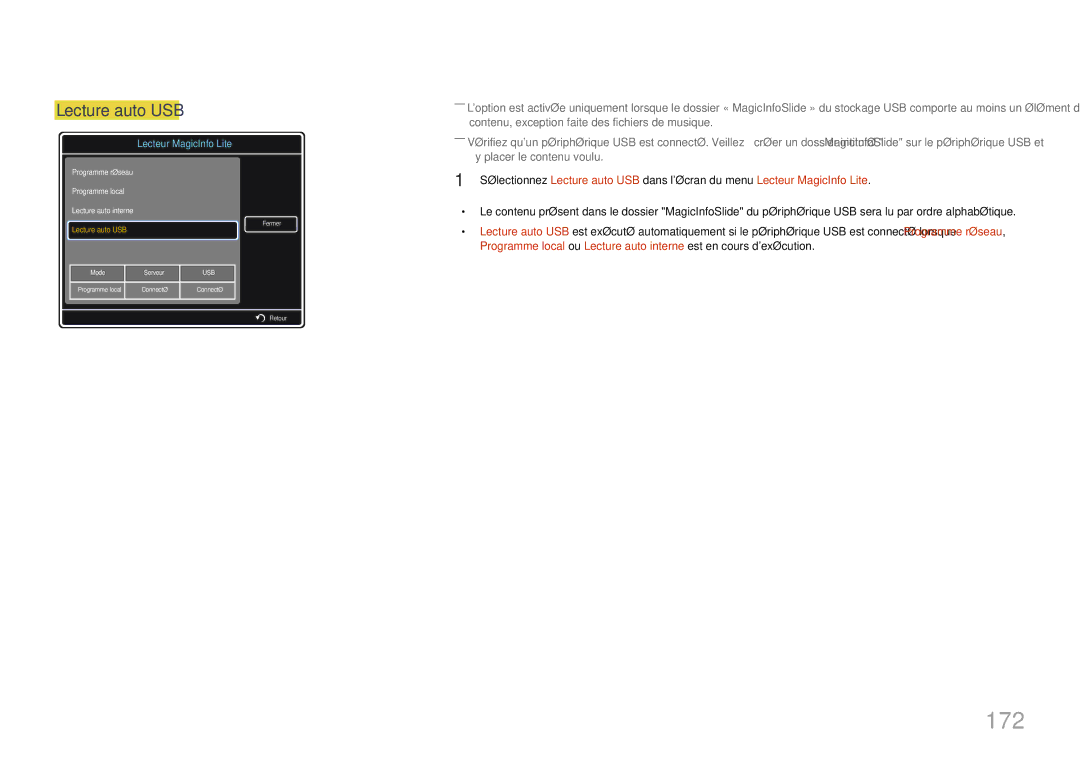 Samsung LH40MDCPLGC/EN, LH55MDCPLGC/EN, LH32MDCPLGC/EN, LH46MDCPLGC/EN manual 172, Lecture auto USB 