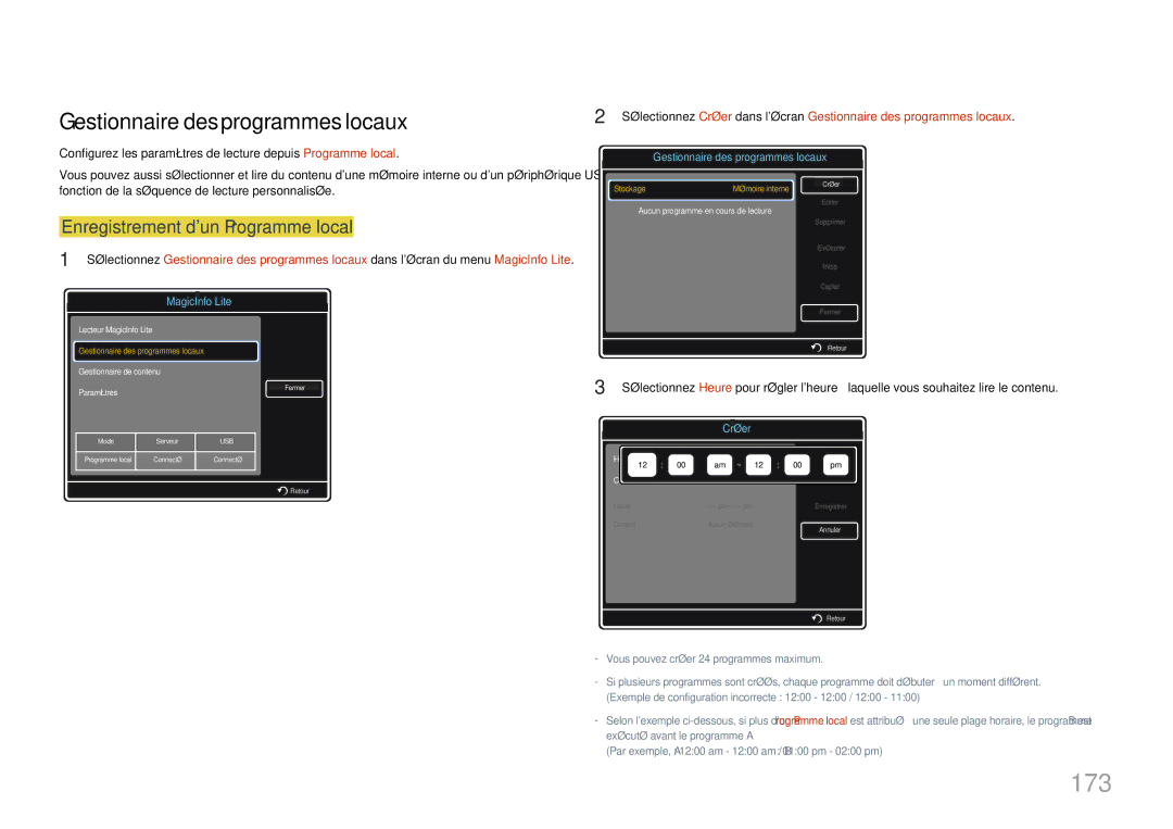 Samsung LH55MDCPLGC/EN, LH40MDCPLGC/EN manual 173, Gestionnaire des programmes locaux, Enregistrement dun Programme local 