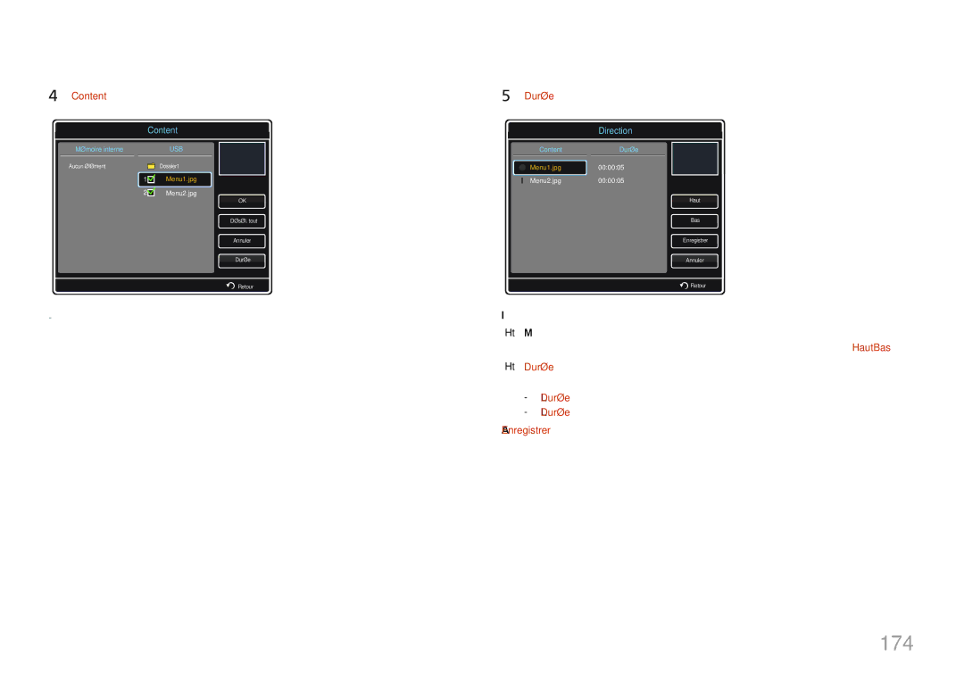 Samsung LH32MDCPLGC/EN, LH40MDCPLGC/EN, LH55MDCPLGC/EN 174, Sélectionnez Durée, Définissez la durée de lecture du contenu 