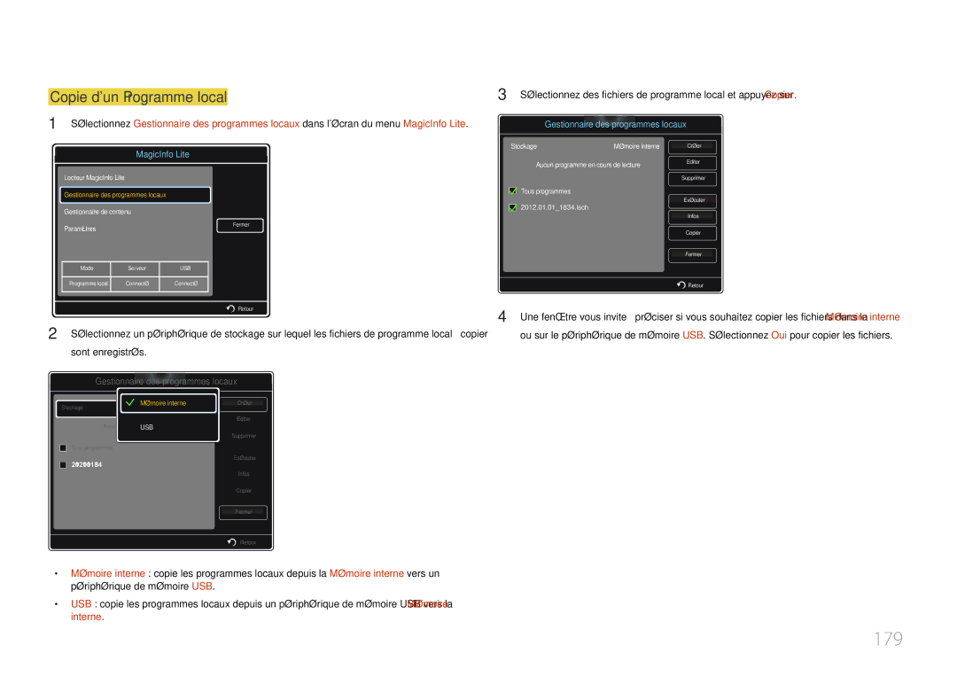 Samsung LH46MDCPLGC/EN, LH40MDCPLGC/EN, LH55MDCPLGC/EN, LH32MDCPLGC/EN manual 179, Copie dun Programme local 