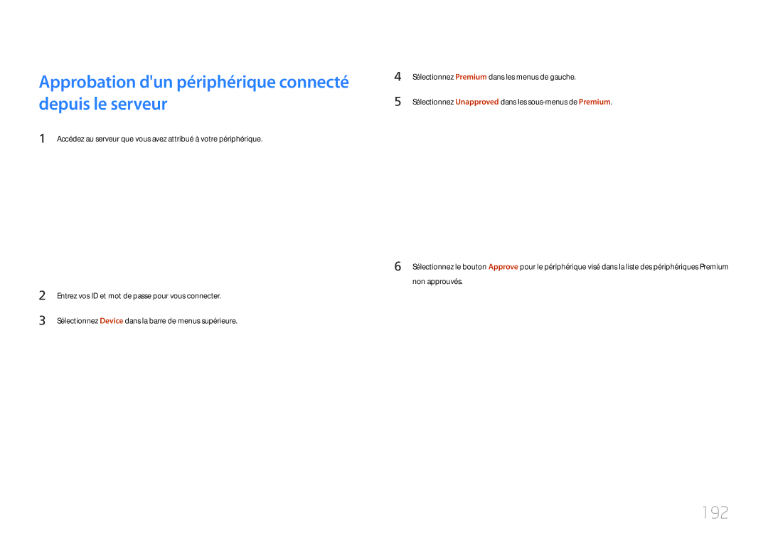 Samsung LH40MDCPLGC/EN, LH55MDCPLGC/EN, LH32MDCPLGC/EN manual Approbation dun périphérique connecté depuis le serveur, 192 