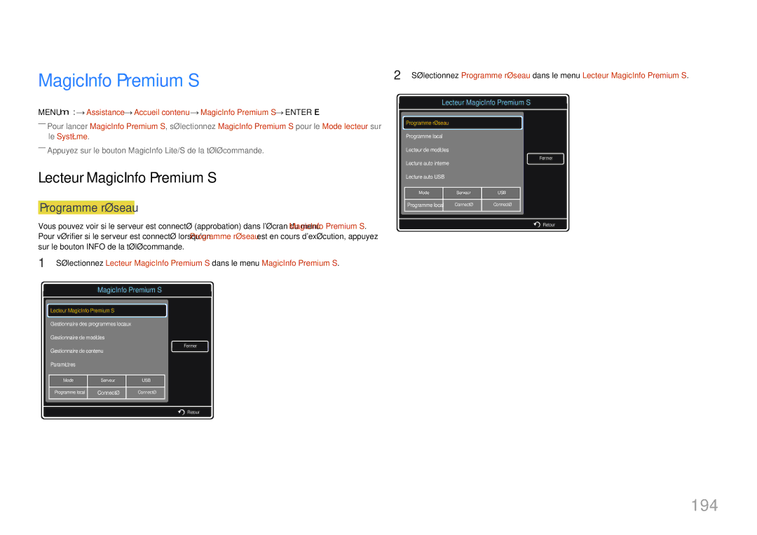 Samsung LH32MDCPLGC/EN, LH40MDCPLGC/EN, LH55MDCPLGC/EN, LH46MDCPLGC/EN manual 194, Lecteur MagicInfo Premium S 