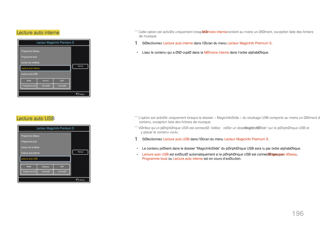 Samsung LH40MDCPLGC/EN, LH55MDCPLGC/EN, LH32MDCPLGC/EN, LH46MDCPLGC/EN manual 196, Lecture auto interne 