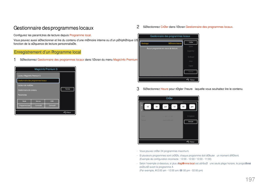 Samsung LH55MDCPLGC/EN, LH40MDCPLGC/EN, LH32MDCPLGC/EN, LH46MDCPLGC/EN manual 197, Gestionnaire des programmes locaux 