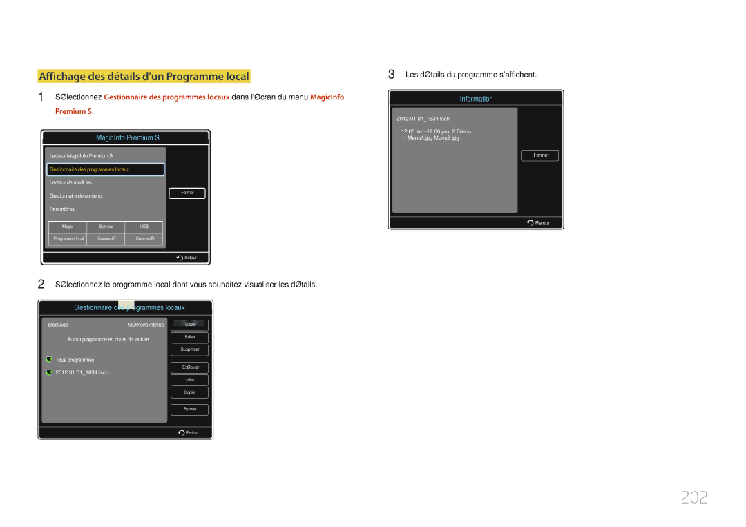 Samsung LH32MDCPLGC/EN, LH40MDCPLGC/EN, LH55MDCPLGC/EN, LH46MDCPLGC/EN manual 202, Affichage des détails dun Programme local 