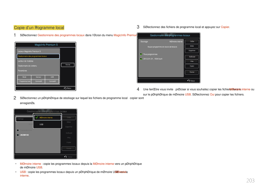 Samsung LH46MDCPLGC/EN, LH40MDCPLGC/EN, LH55MDCPLGC/EN, LH32MDCPLGC/EN manual 203, Copie dun Programme local 