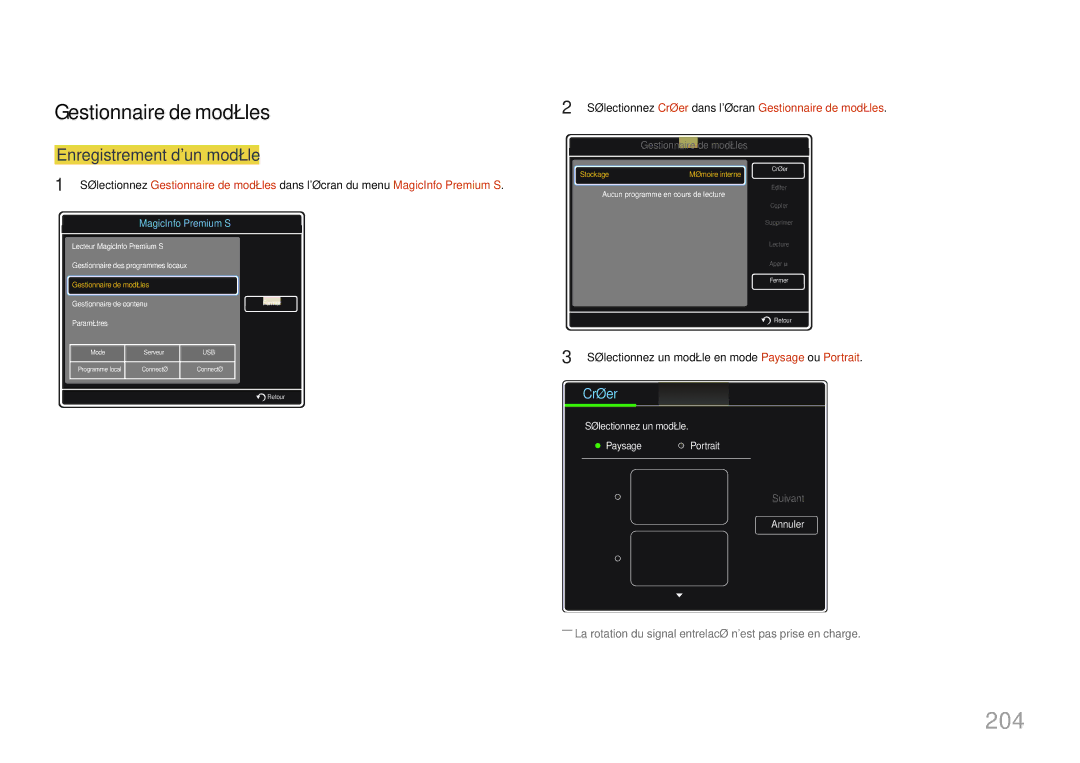 Samsung LH40MDCPLGC/EN, LH55MDCPLGC/EN, LH32MDCPLGC/EN manual 204, Gestionnaire de modèles, Enregistrement dun modèle 