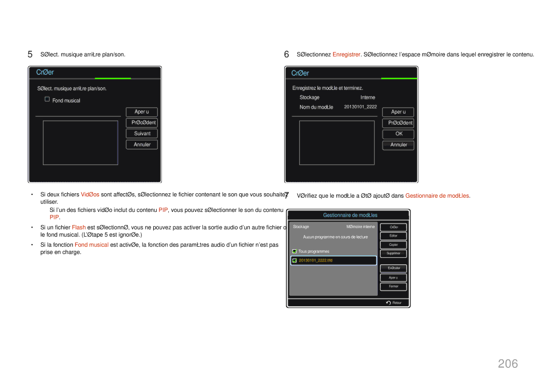 Samsung LH32MDCPLGC/EN, LH40MDCPLGC/EN, LH55MDCPLGC/EN, LH46MDCPLGC/EN manual 206, Sélect. musique arrière plan/son 