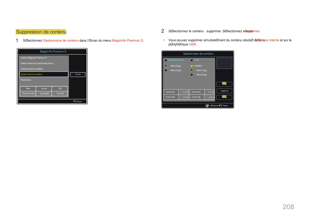 Samsung LH40MDCPLGC/EN, LH55MDCPLGC/EN, LH32MDCPLGC/EN, LH46MDCPLGC/EN manual 208, Suppression de contenu 