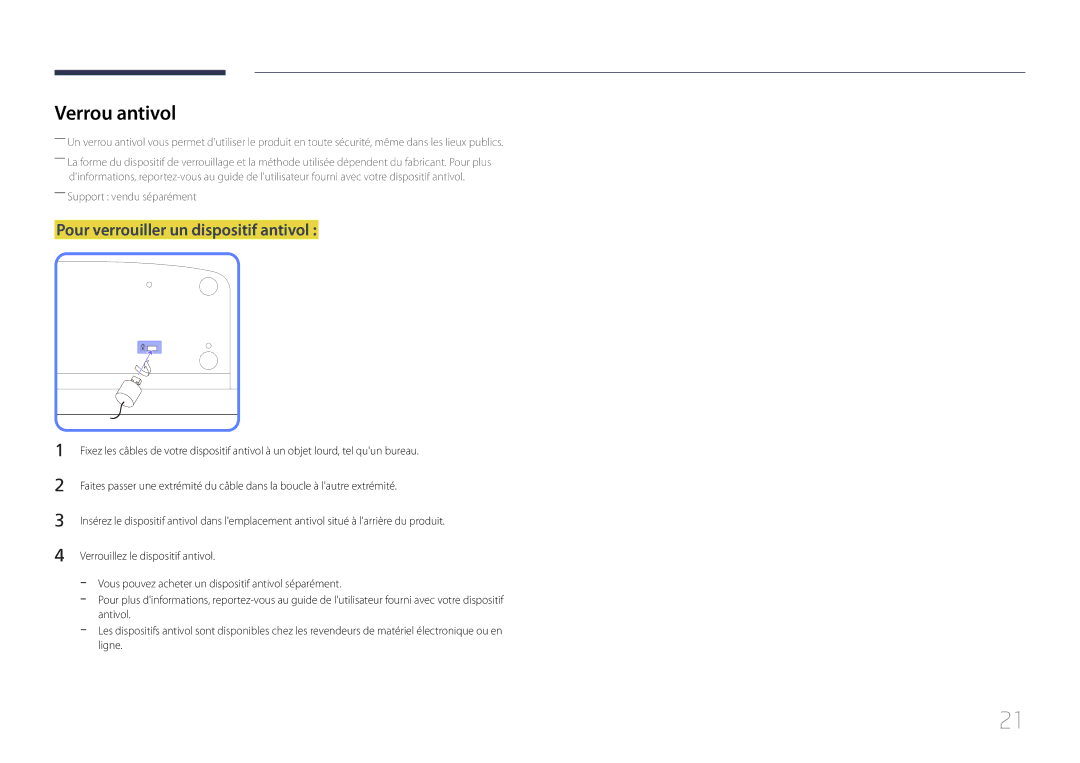 Samsung LH55MDCPLGC/EN, LH40MDCPLGC/EN, LH32MDCPLGC/EN manual Verrou antivol, Pour verrouiller un dispositif antivol 