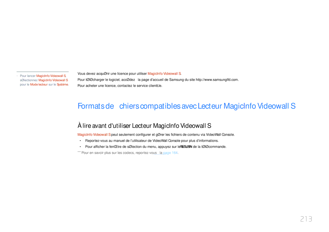 Samsung LH55MDCPLGC/EN, LH40MDCPLGC/EN, LH32MDCPLGC/EN manual 213, Lire avant dutiliser Lecteur MagicInfo Videowall S 