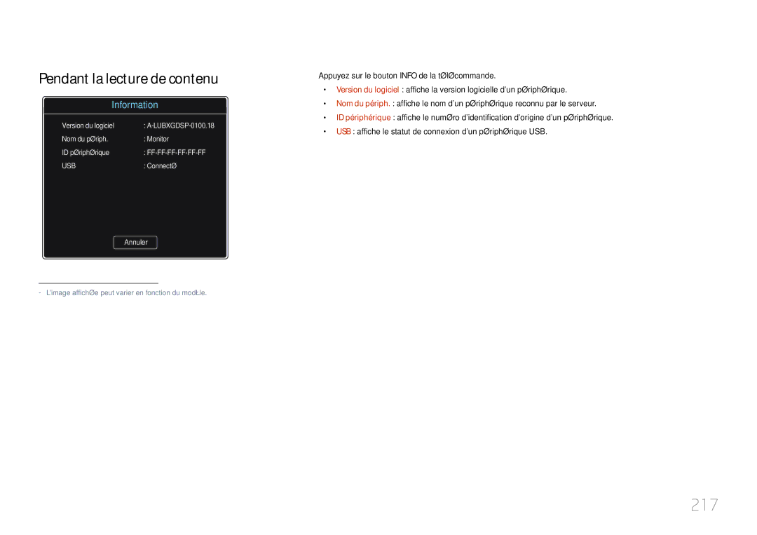 Samsung LH55MDCPLGC/EN, LH40MDCPLGC/EN, LH32MDCPLGC/EN, LH46MDCPLGC/EN manual 217, Pendant la lecture de contenu 