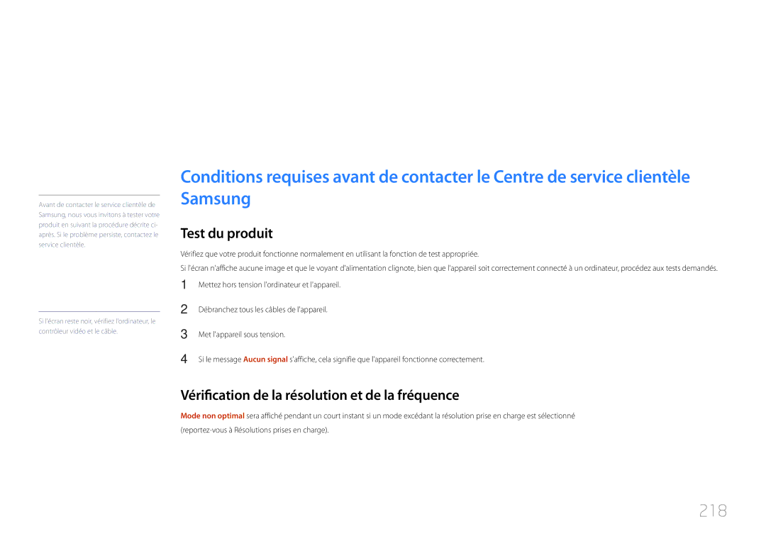 Samsung LH32MDCPLGC/EN manual Guide de dépannage, 218, Test du produit, Vérification de la résolution et de la fréquence 